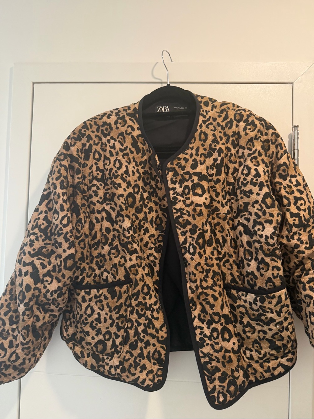 ZARA Leopard-Print Quilted Bomber Jacket in Tan and Black - Picture 1 of 6